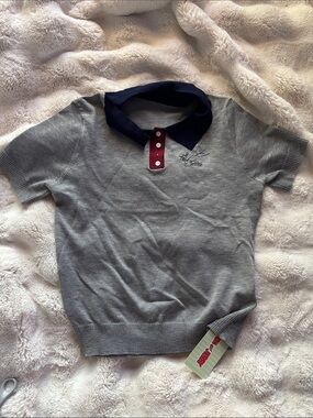 Daisy Gray Short Sleeve Polo with Navy Collar and Burgundy Placket